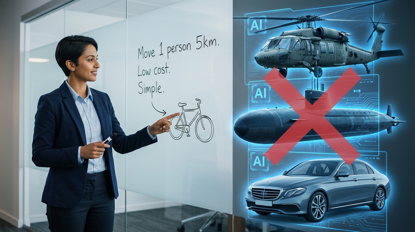 A professional points to a bicycle sketched on a whiteboard reading Move 1 person 5km, Low cost, Simple - while AI-generated outputs show a helicopter, submarine, and luxury sedan all marked with a red X, illustrating that AI optimizes for what you ask, not what you need