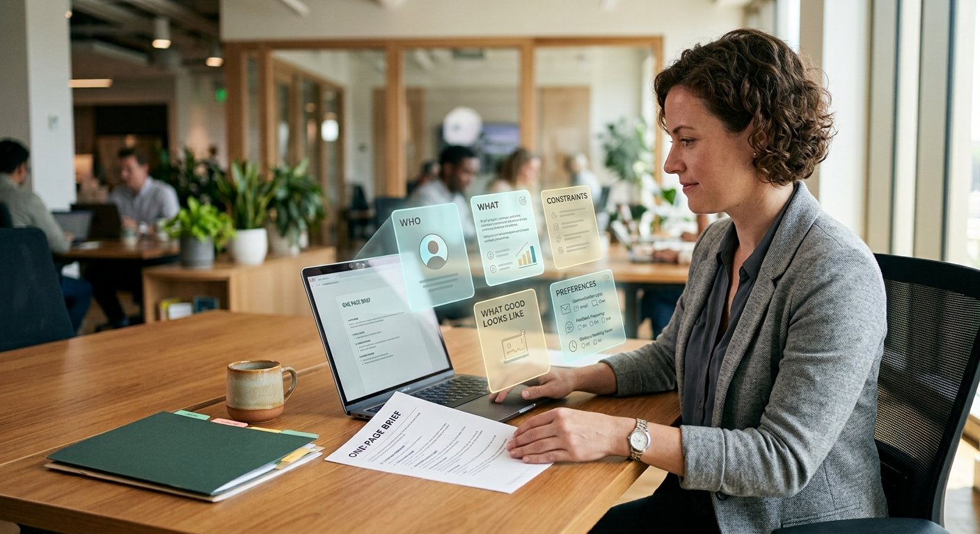 A professional onboards an AI like a new team member: she sets a one-page brief beside her laptop while glowing cards above it show the context being taken in - who she is, what she is working on, the constraints, her preferences, and what good looks like.