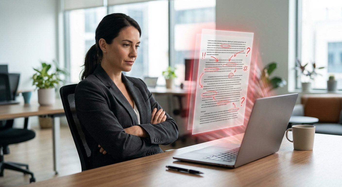A professional sits back from her laptop with arms folded, studying an AI draft with healthy skepticism. A glowing copy of the document beside the screen is covered in red circles, arrows and question marks - the AI challenging its own output before anyone relies on it.