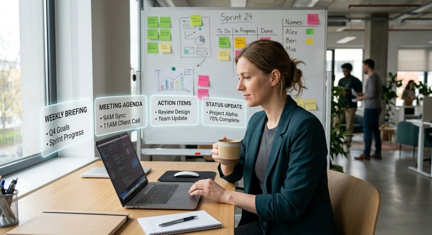 A project manager starts her day with coffee at her laptop, a sprint board behind her. Four glowing panels beside her show coordination work the AI has already prepared: a weekly briefing, a meeting agenda, action items, and a status update.