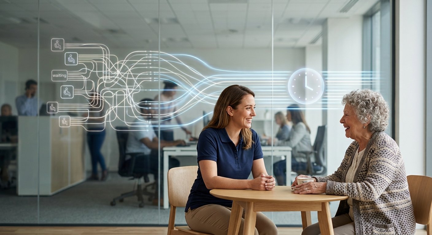 A customer service rep has an unhurried, smiling conversation with an older customer at a small table. Behind a glass wall, glowing lines of tangled handoffs and a waiting clock are being straightened into clean, flowing lines by AI - the friction customers feel but never see.