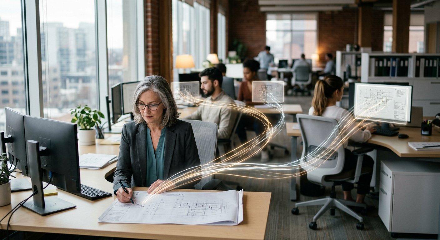 A senior practitioner reviews a set of plans at her desk, pen in hand. Glowing threads of light carry her review from the page to the screens of three colleagues across the office, so each of their projects gets the same expert first pass.